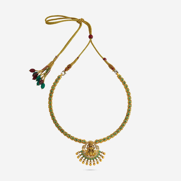 Pure 92.5 Silver, Gold Plated Emerald Green Stones Necklace with Lakshmi Pendant