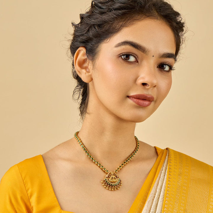 Pure 92.5 Silver, Gold Plated Emerald Green Stones Necklace with Lakshmi Pendant