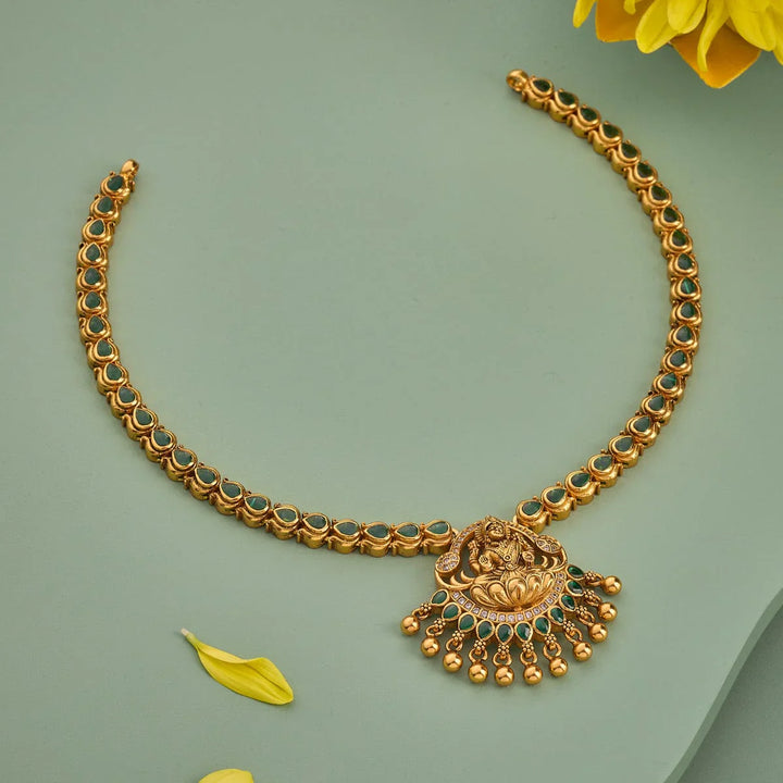 Pure 92.5 Silver, Gold Plated Emerald Green Stones Necklace with Lakshmi Pendant