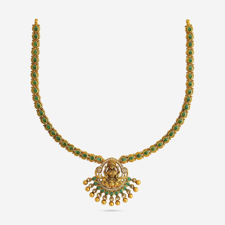 Pure 92.5 Silver, Gold Plated Emerald Green Stones Necklace with Lakshmi Pendant