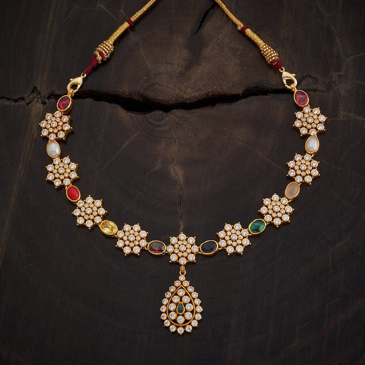 92.5 Pure Silver Flower Motif Temple Necklace