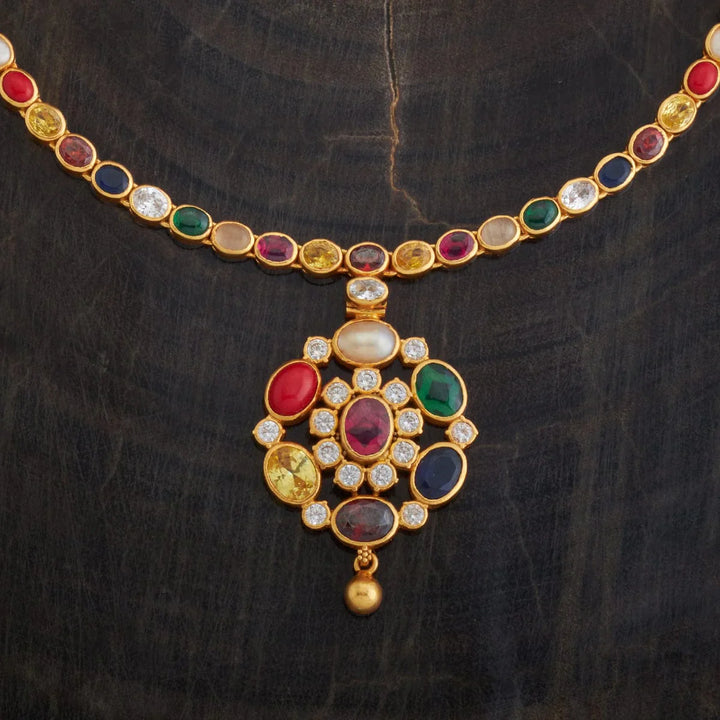 Pure 92.5 Silver Gold-Plated Navaratna Necklace with Floral Design Pendant and Gold Dangling Bead