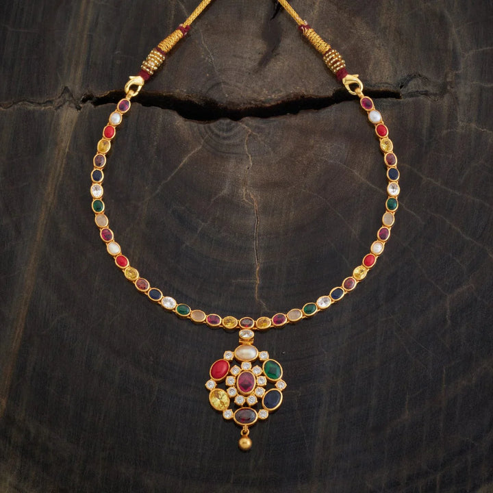 Pure 92.5 Silver Gold-Plated Navaratna Necklace with Floral Design Pendant and Gold Dangling Bead