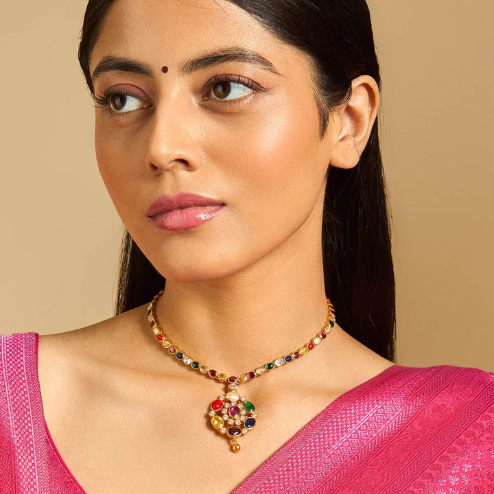 Pure 92.5 Silver Gold-Plated Navaratna Necklace with Floral Design Pendant and Gold Dangling Bead