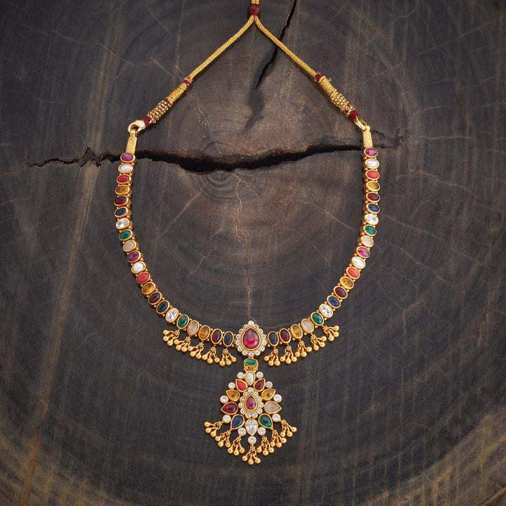 Pure 92.5 Silver Gold-Plated Navaratna Necklace with Floral Pendant and Dangling Beads