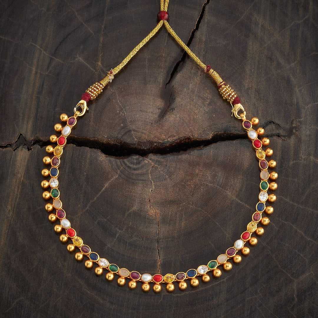 Pure 92.5 Silver Gold-Plated Gold Beaded Necklace with Oval Navaratna Stones