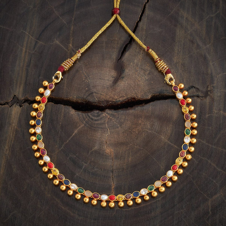 Pure 92.5 Silver Gold-Plated Gold Beaded Necklace with Oval Navaratna Stones