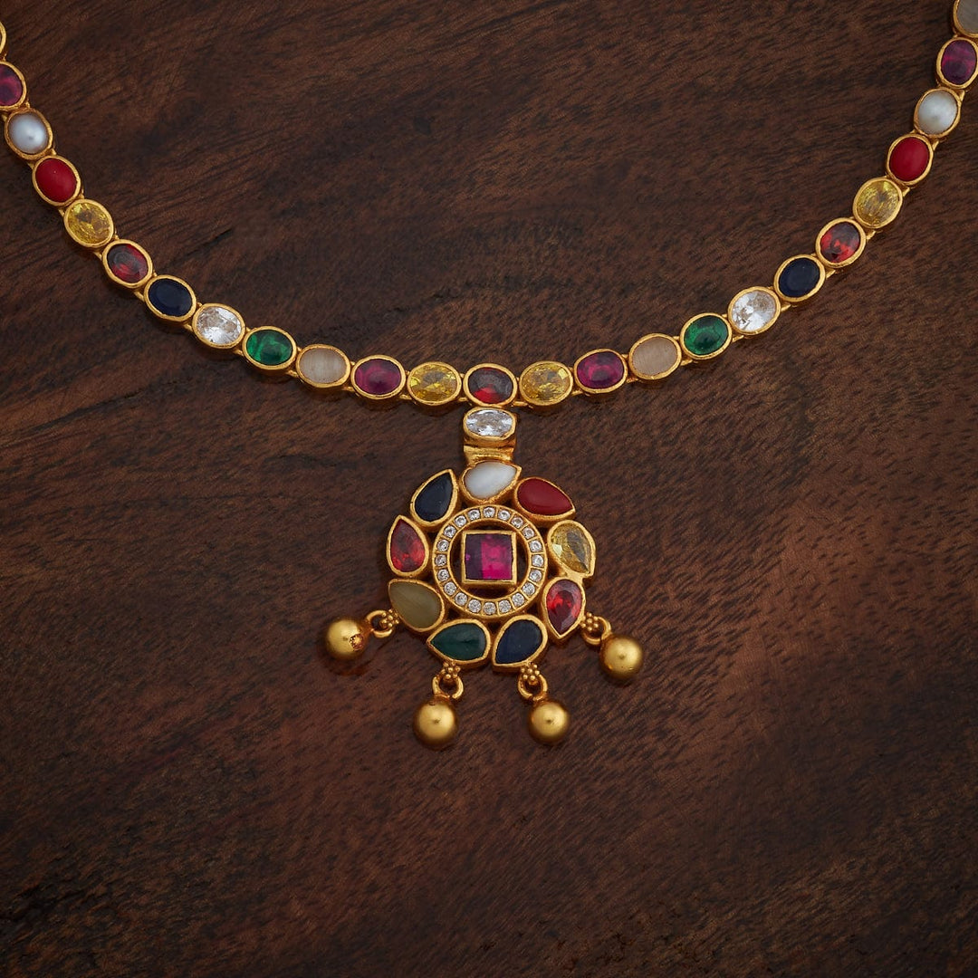 Pure 92.5 Silver, Gold Plated Traditional Navaratna Necklace with Floral design and dangling beads