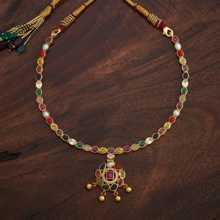 Pure 92.5 Silver, Gold Plated Traditional Navaratna Necklace with Floral design and dangling beads