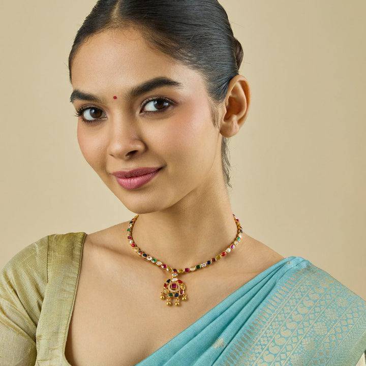 Pure 92.5 Silver, Gold Plated Traditional Navaratna Necklace with Floral design and dangling beads