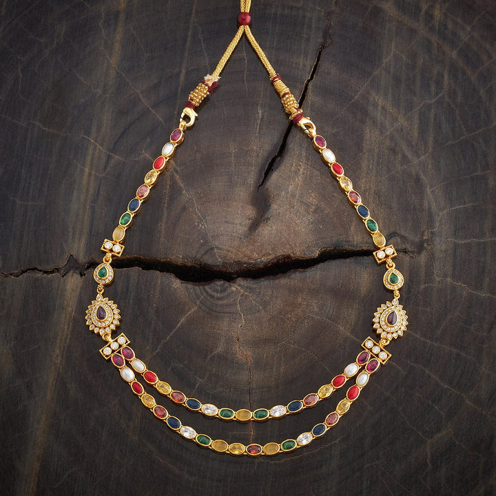 Pure 92.5 Silver, Gold Plated Traditional Double Layered Navaratna Necklace with Oval Design