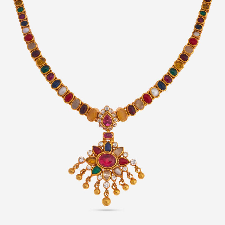 Pure 92.5 Silver, Gold Plated Navaratna Temple Necklace with Floral Pendant and Dangling Beads