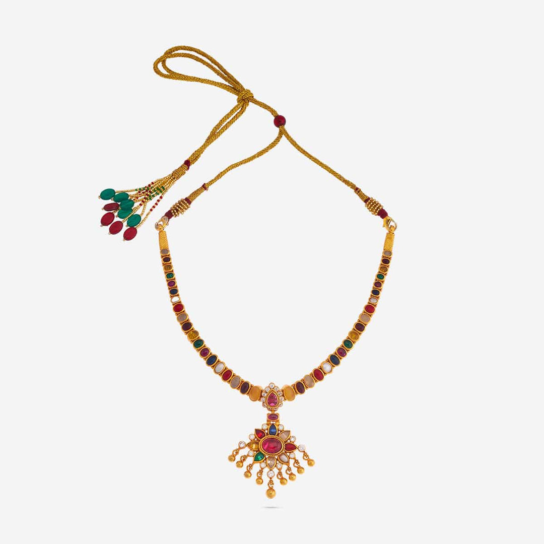 Pure 92.5 Silver, Gold Plated Navaratna Temple Necklace with Floral Pendant and Dangling Beads