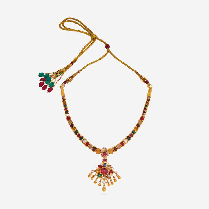 Pure 92.5 Silver, Gold Plated Navaratna Temple Necklace with Floral Pendant and Dangling Beads