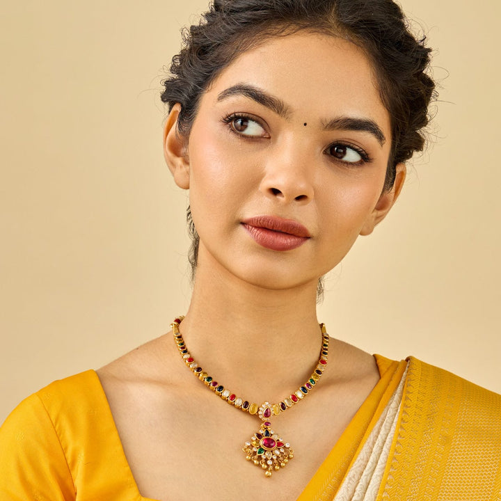 Pure 92.5 Silver, Gold Plated Navaratna Temple Necklace with Floral Pendant and Dangling Beads