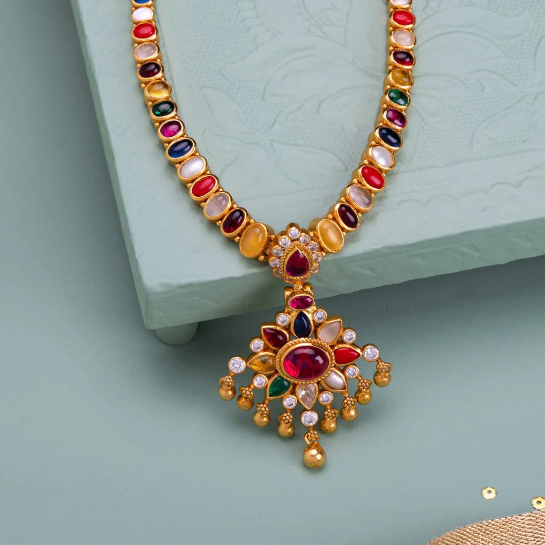 Pure 92.5 Silver, Gold Plated Navaratna Temple Necklace with Floral Pendant and Dangling Beads