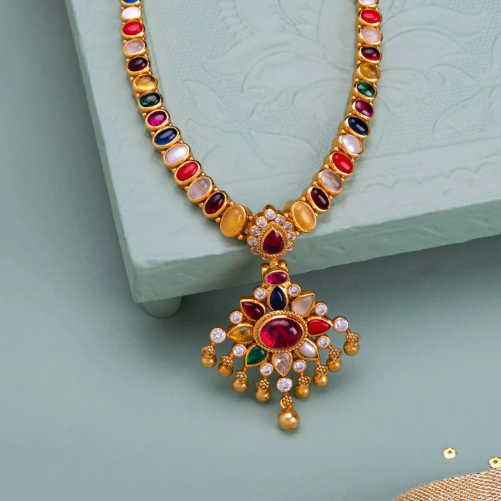 Pure 92.5 Silver, Gold Plated Navaratna Temple Necklace with Floral Pendant and Dangling Beads