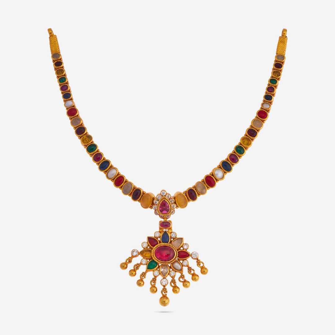 Pure 92.5 Silver, Gold Plated Navaratna Temple Necklace with Floral Pendant and Dangling Beads