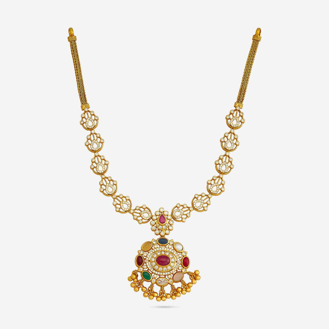 Pure 92.5 Silver, Gold Plated Traditional Floral Navaratna Necklace with Dangling Beads