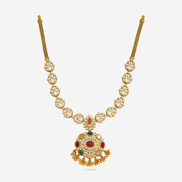Pure 92.5 Silver, Gold Plated Traditional Floral Navaratna Necklace with Dangling Beads