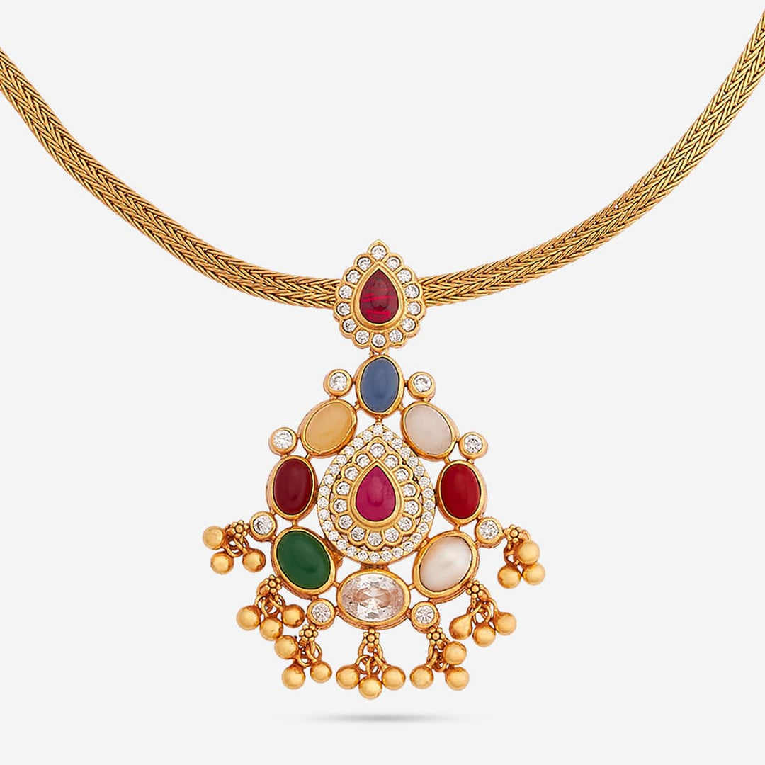 Pure 92.5 Silver Gold Plated Temple Navaratna Gemstone Pendant Necklace