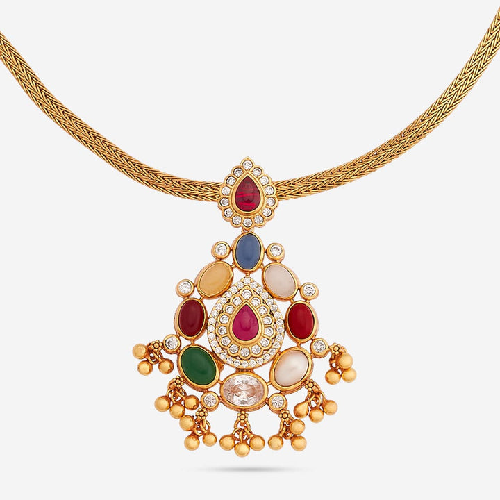 Pure 92.5 Silver Gold Plated Temple Navaratna Gemstone Pendant Necklace