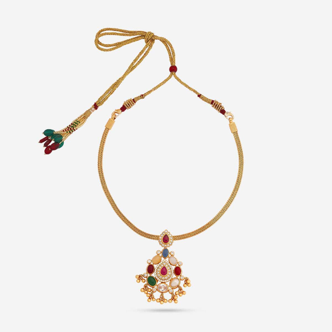 Pure 92.5 Silver Gold Plated Temple Navaratna Gemstone Pendant Necklace