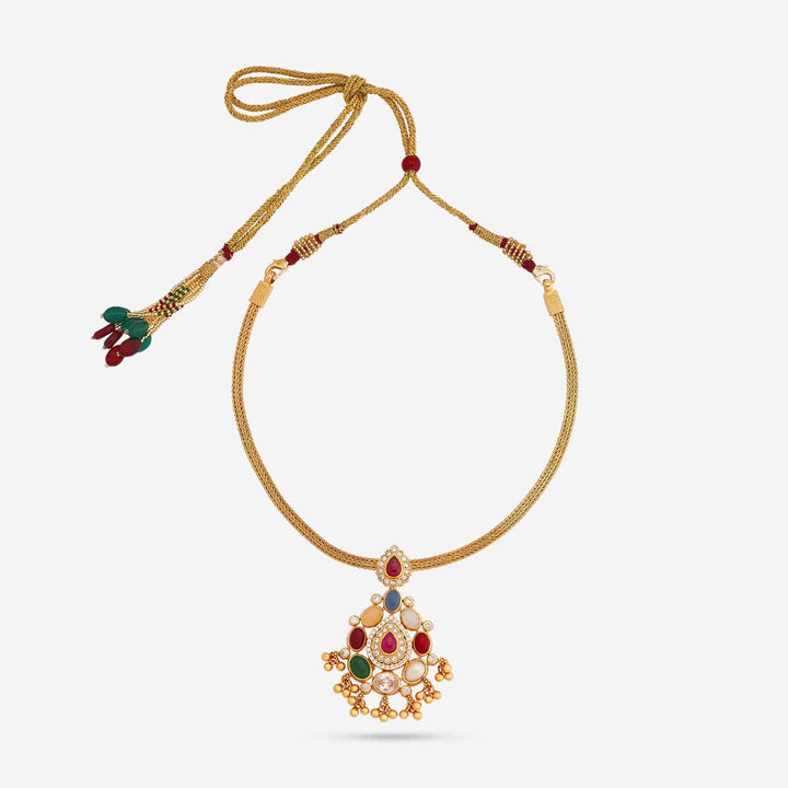 Pure 92.5 Silver Gold Plated Temple Navaratna Gemstone Pendant Necklace