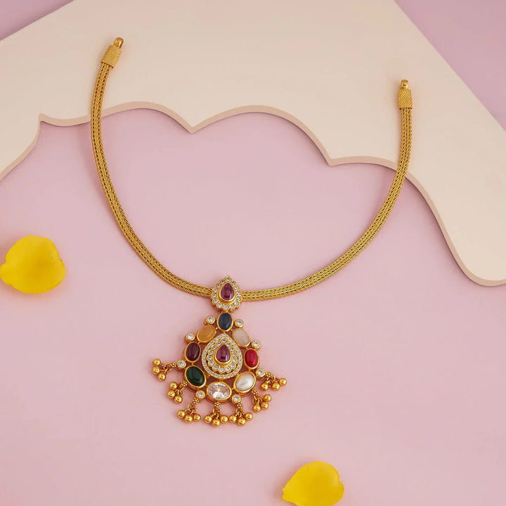 Pure 92.5 Silver Gold Plated Temple Navaratna Gemstone Pendant Necklace