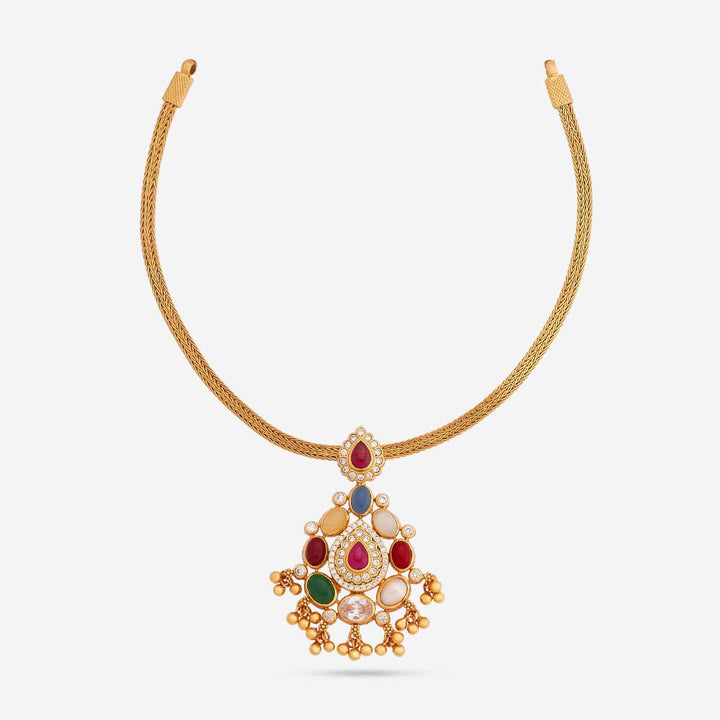Pure 92.5 Silver Gold Plated Temple Navaratna Gemstone Pendant Necklace