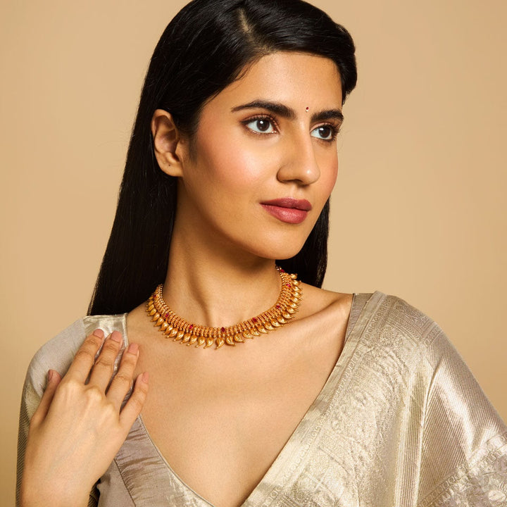 Pure 92.5 Silver Mango Units Short Necklace With Red Stone