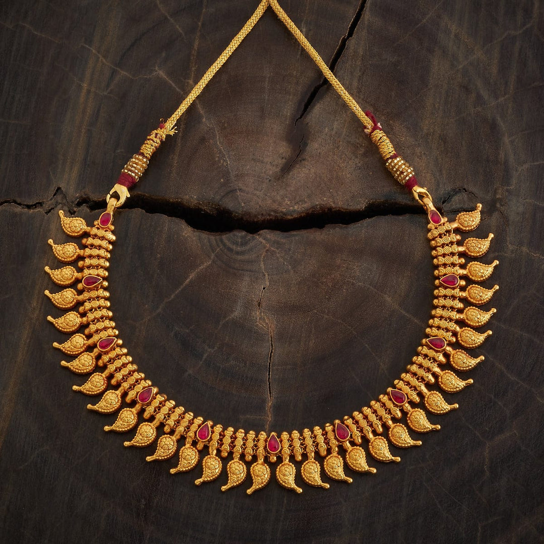 Pure 92.5 Silver Gold-Plated Heritage Style Necklace with Mango Units and Ruby Accents