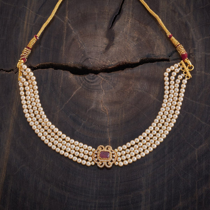 Pure 92.5 Silver Gold Plated Four-Layered Pearl Choker with Emerald Green Stone Necklace