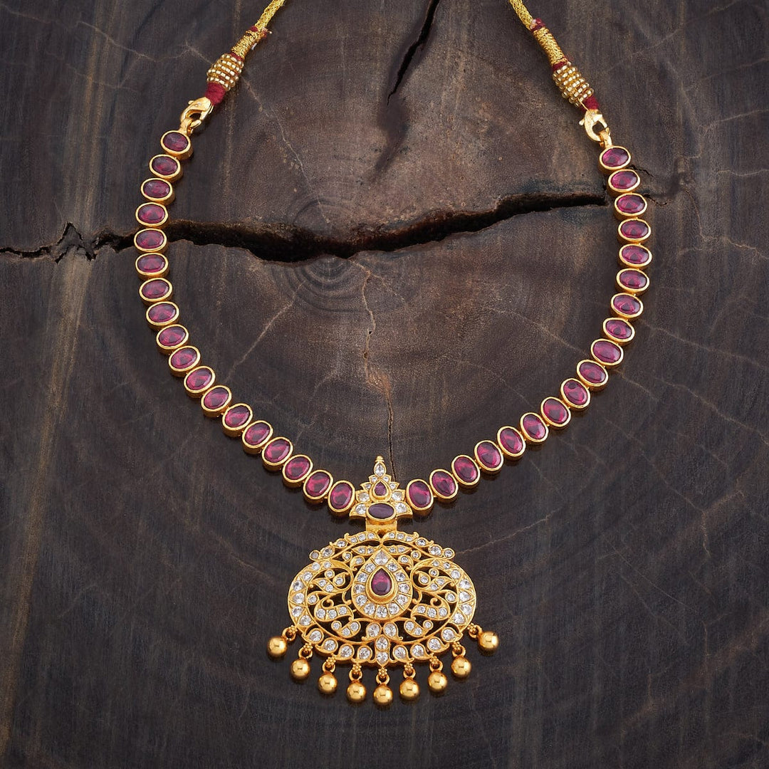 Pure 92.5 Silver, Gold Plated Temple Necklace with Ruby, CZ Stone and dangling beads