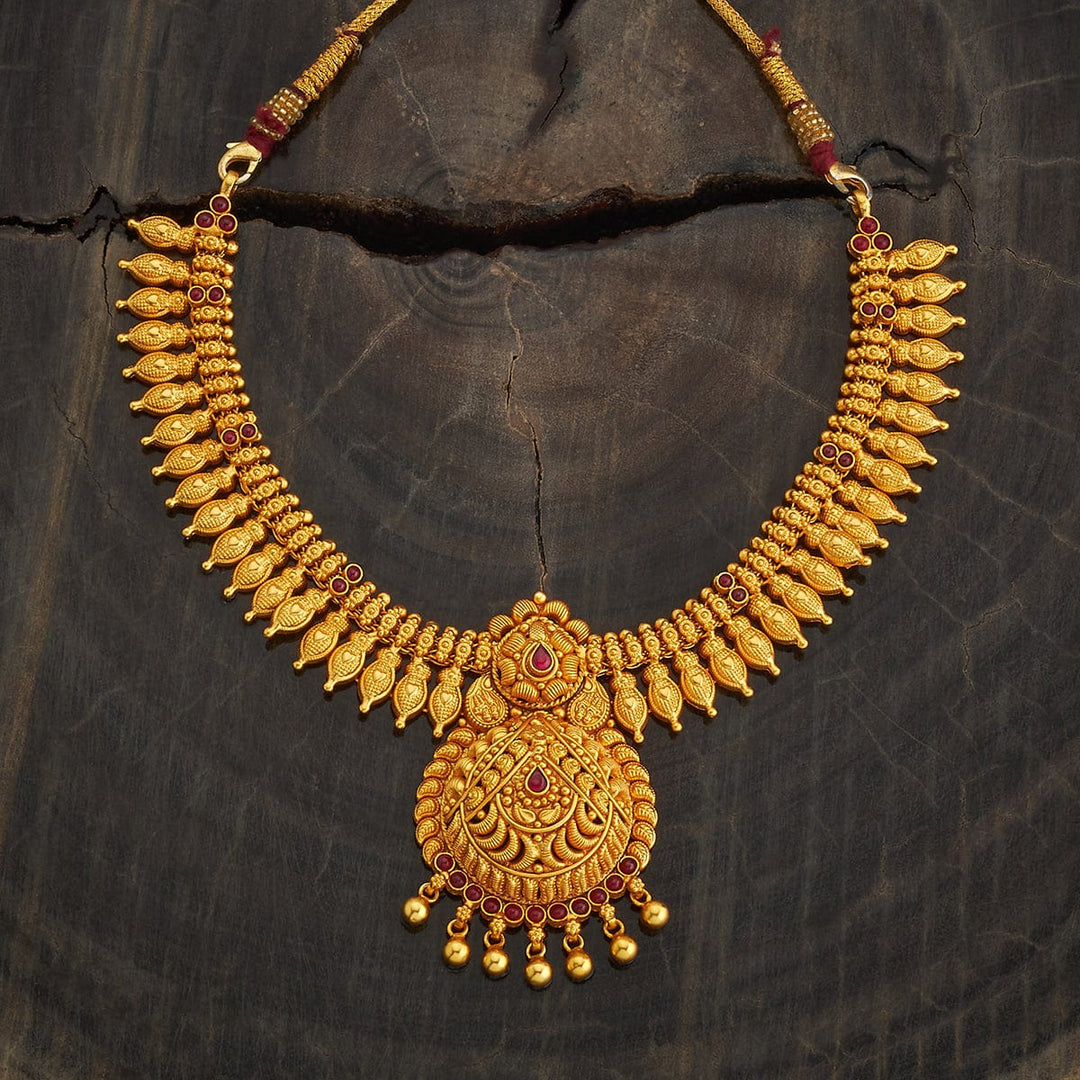 Pure 92.5 Silver, Gold Plated Traditional Antique Finish Temple Necklace with Ruby Accents and Intricate Pendant