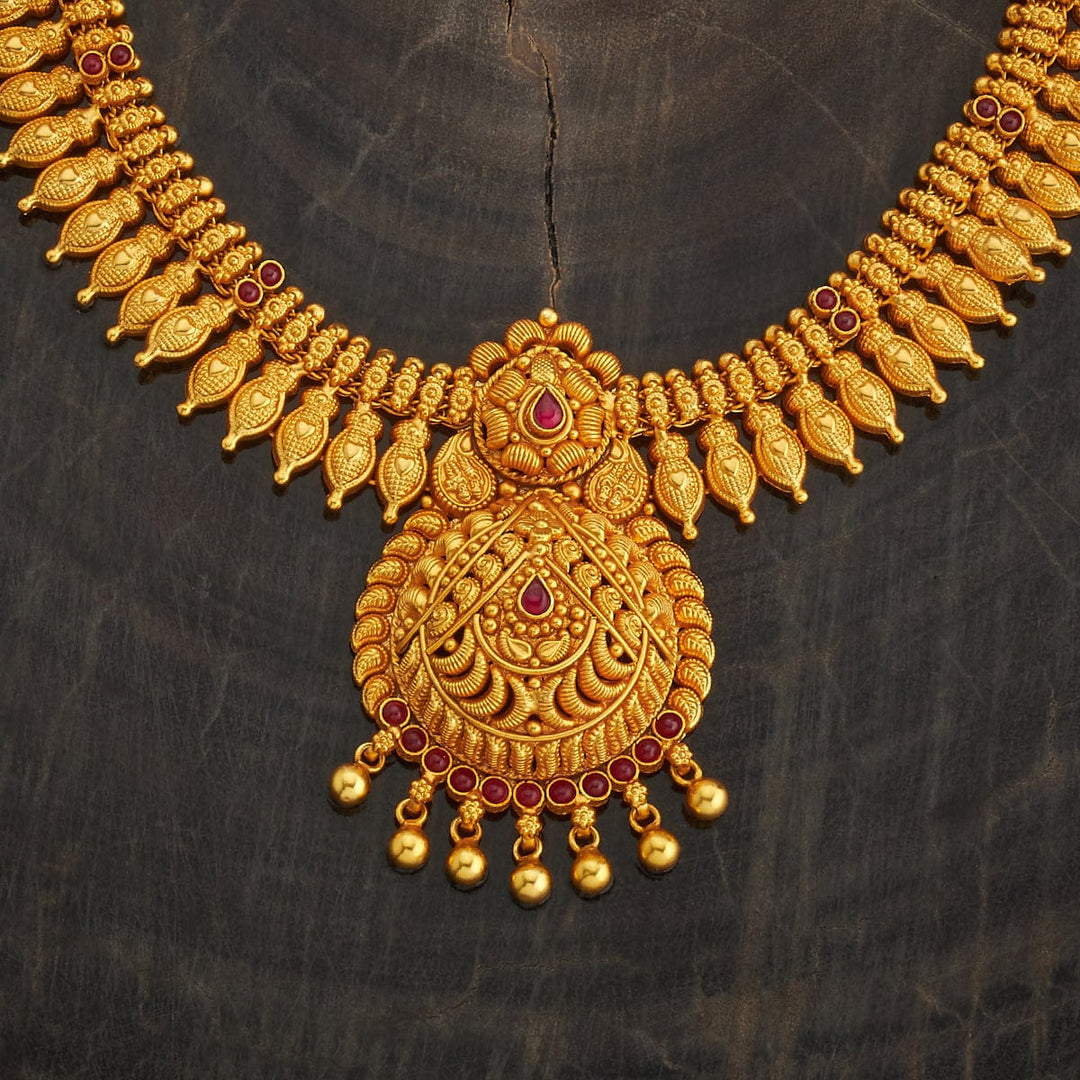 Pure 92.5 Silver, Gold Plated Traditional Antique Finish Temple Necklace with Ruby Accents and Intricate Pendant