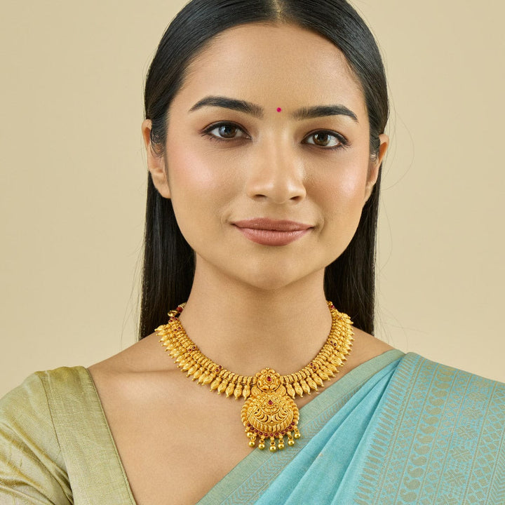 Pure 92.5 Silver, Gold Plated Traditional Antique Finish Temple Necklace with Ruby Accents and Intricate Pendant