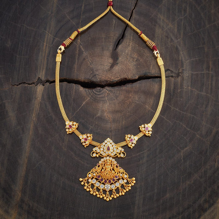 Pure 92.5 Silver, Gold Plated Traditional White Stone Necklace with Ruby Accents and Lakshmi Pendant