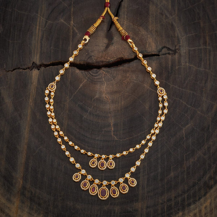 Pure 92.5 Silver, Gold Plated Ruby and White Stone Temple Double Layer Necklace