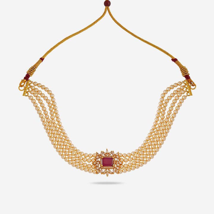 Pure 92.5 Silver, Gold Plated Multi-Strand Pearl Choker with Stone Pendant