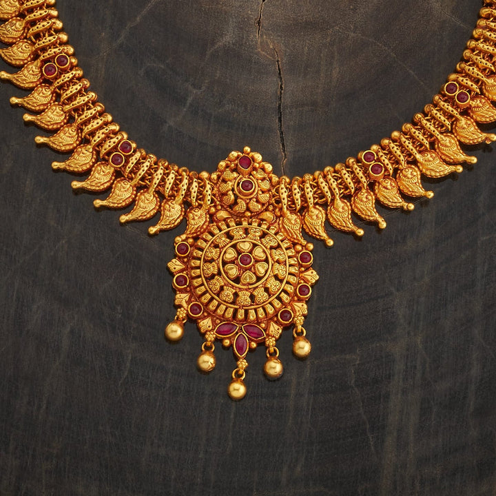 Pure 92.5 Silver, Gold Plated Antique Finish Mango Design Necklace with Ruby Accents and Intricate Pendant