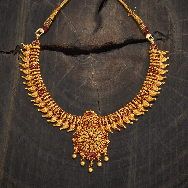 Pure 92.5 Silver, Gold Plated Antique Finish Mango Design Necklace with Ruby Accents and Intricate Pendant