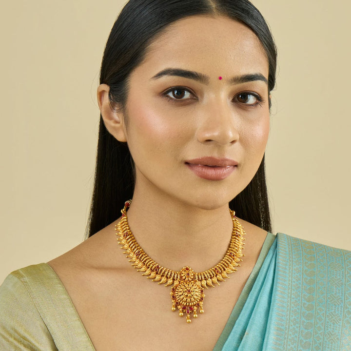 Pure 92.5 Silver, Gold Plated Antique Finish Mango Design Necklace with Ruby Accents and Intricate Pendant