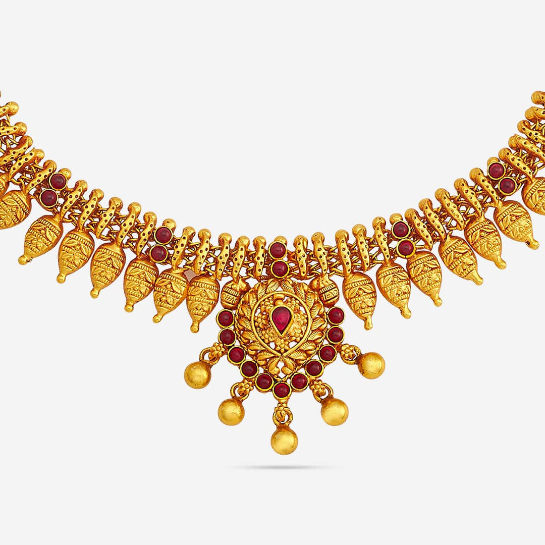 Pure 92.5 Silver, Gold Plated Traditional South Indian Necklace with Ruby Accents and Leaf Design