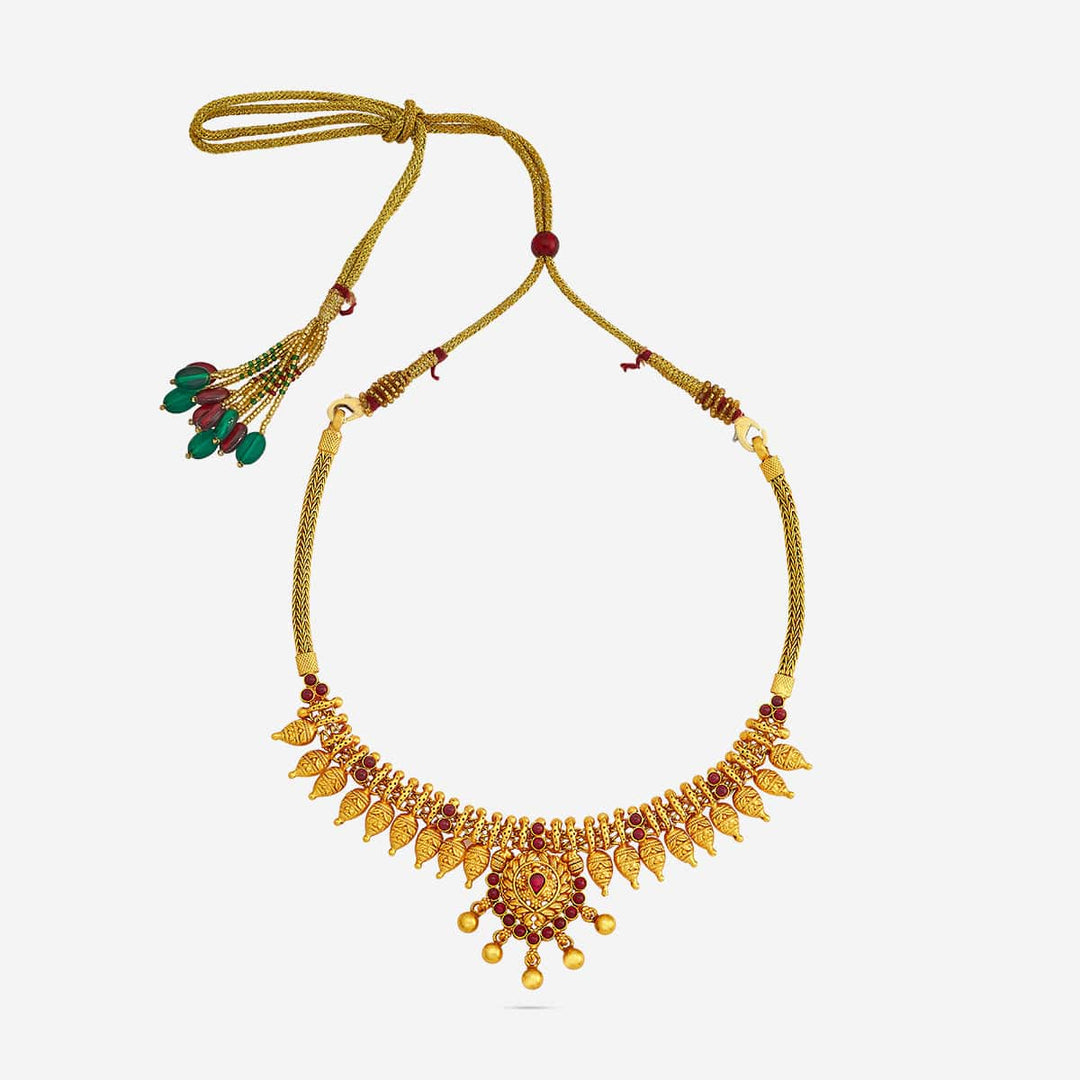Pure 92.5 Silver, Gold Plated Traditional South Indian Necklace with Ruby Accents and Leaf Design