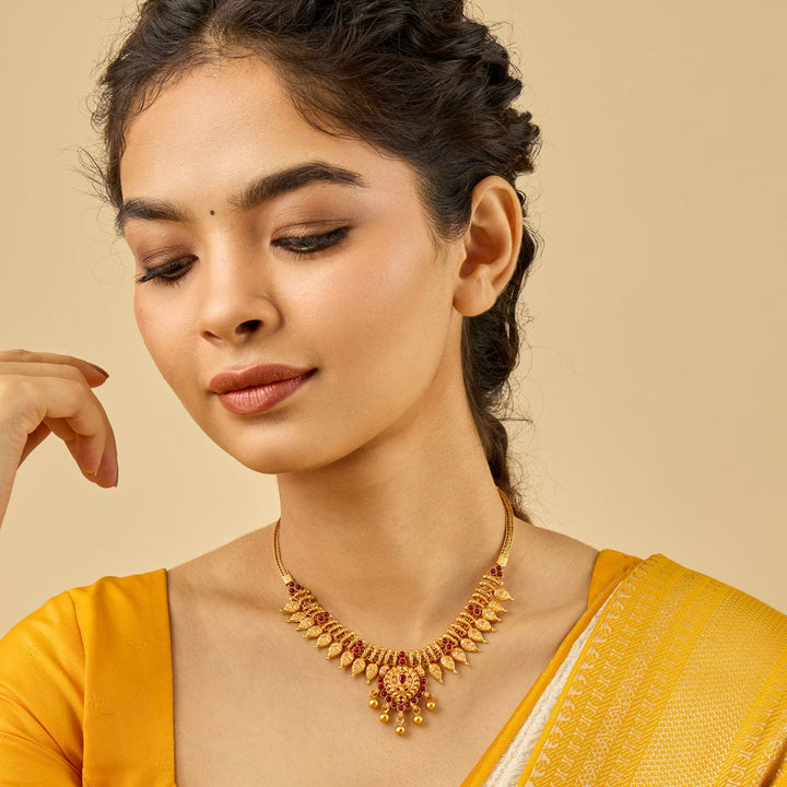 Pure 92.5 Silver, Gold Plated Traditional South Indian Necklace with Ruby Accents and Leaf Design