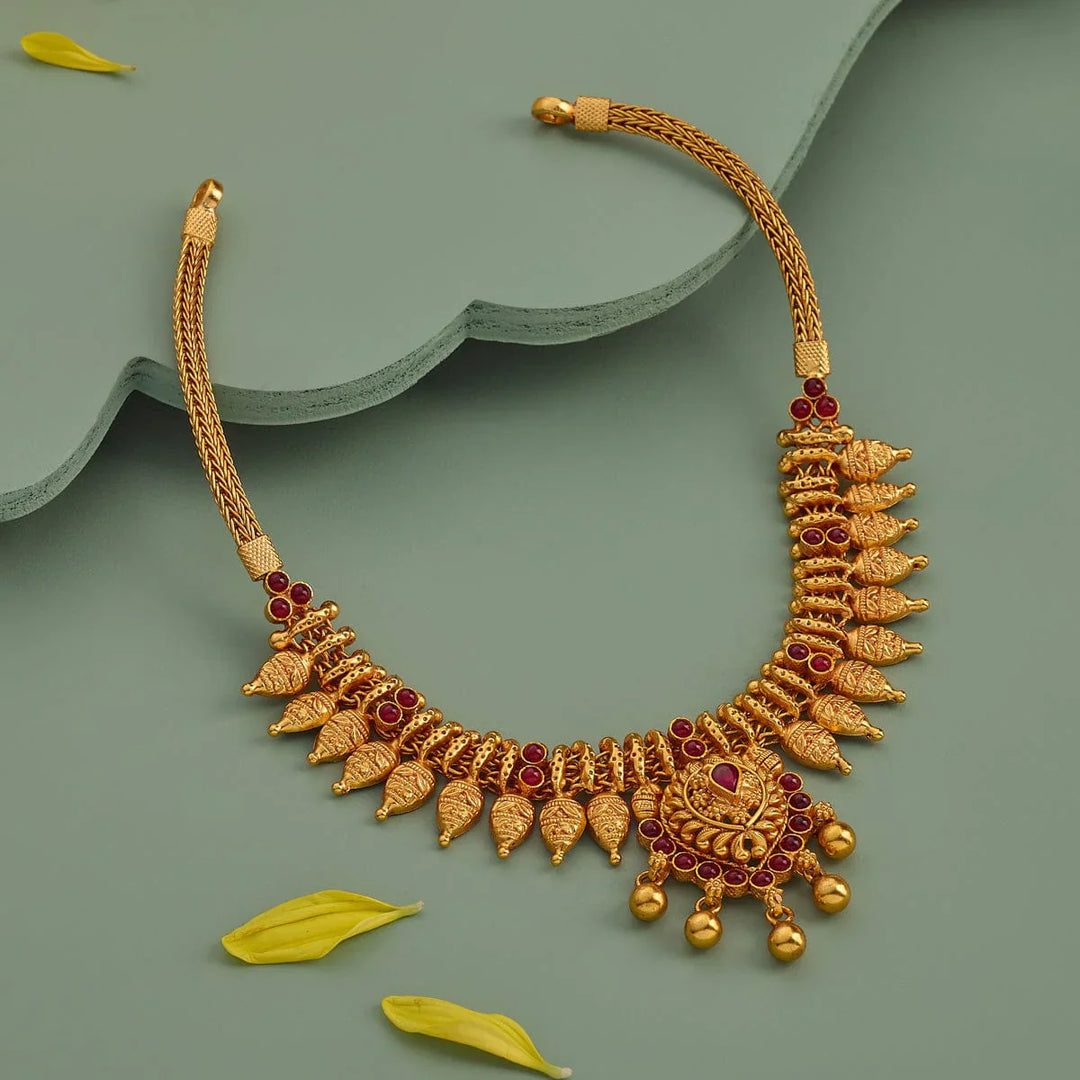 Pure 92.5 Silver, Gold Plated Traditional South Indian Necklace with Ruby Accents and Leaf Design