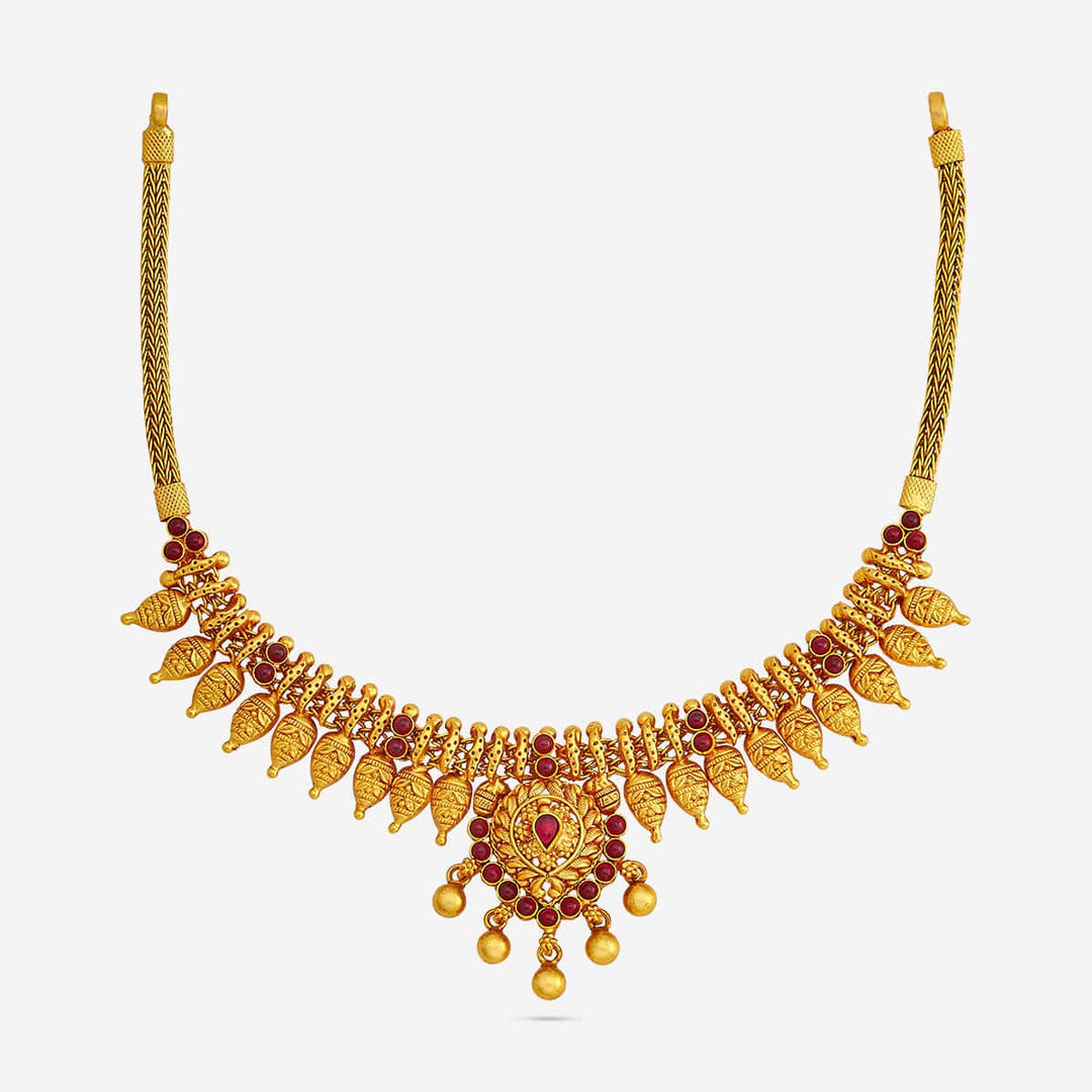 Pure 92.5 Silver, Gold Plated Traditional South Indian Necklace with Ruby Accents and Leaf Design