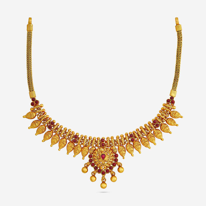 Pure 92.5 Silver, Gold Plated Traditional South Indian Necklace with Ruby Accents and Leaf Design