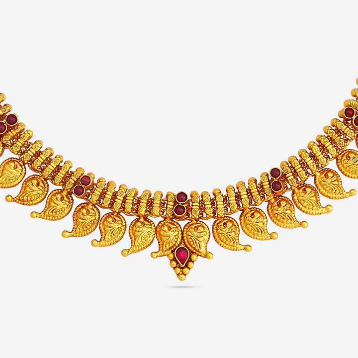 Pure 92.5 Silver Gold Plated Temple Short Necklace with Ruby Stone Accents and Mango Leaf Motifs | SHOBITAM